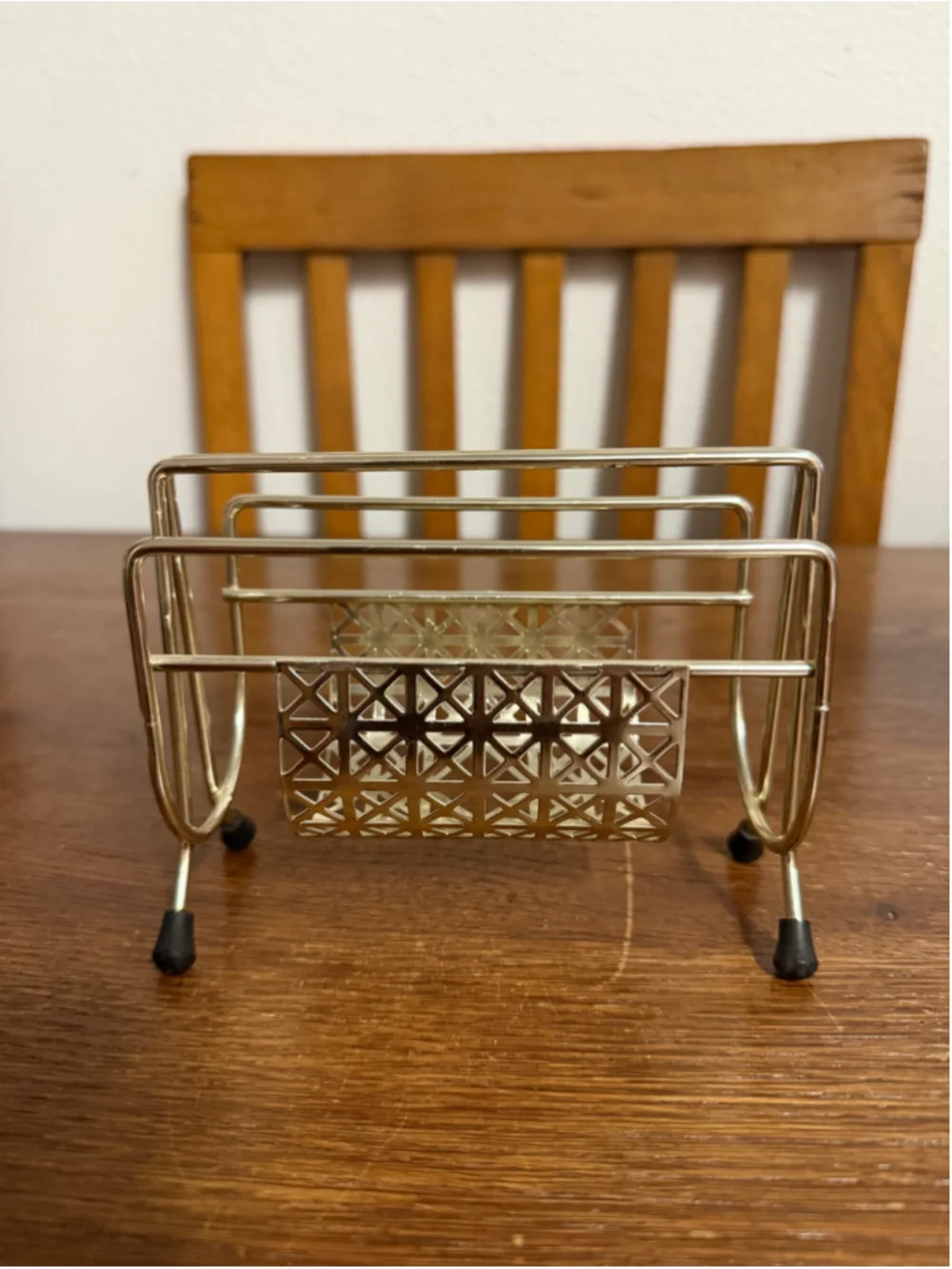 Vintage Mid Century Modern Brass Tone Metal Napkin Holder Letter Mail Rack Desk
